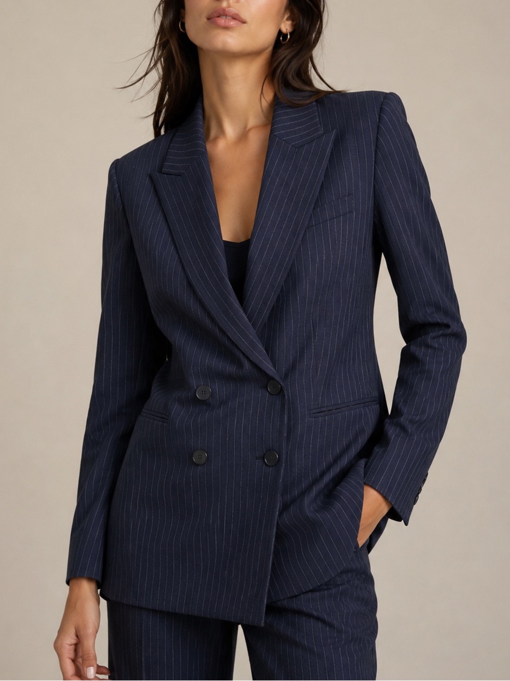 Theory Power Pinstripe Double Breasted Blazer Size 4 Navy Pockets Office Work